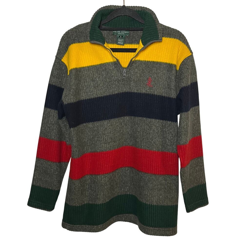Ralph Lauren Quarter Zip Sweater‎ Striped Gray Red Yellow Small Petite Y2K Rugby